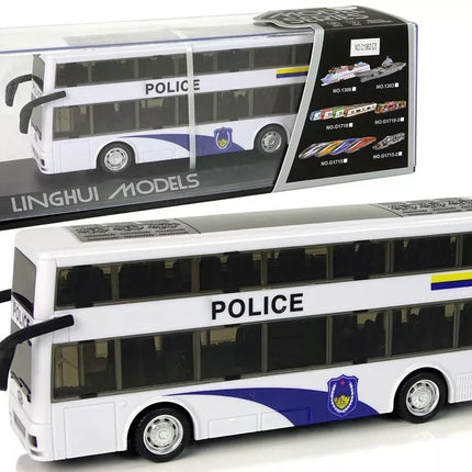 Baltas dviejų aukštų policijos autobusas su atbuline trauka, šviesomis ir garsais