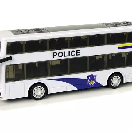 Baltas dviejų aukštų policijos autobusas su atbuline trauka, šviesomis ir garsais