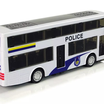 Baltas dviejų aukštų policijos autobusas su atbuline trauka, šviesomis ir garsais