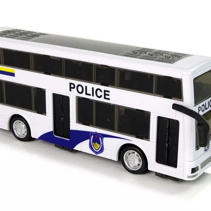Baltas dviejų aukštų policijos autobusas su atbuline trauka, šviesomis ir garsais