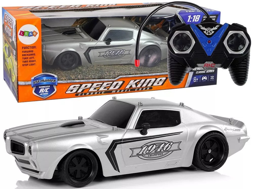Nuotoliniu būdu valdomas sportinis automobilis 1:18 – sidabrinis lenktyninis modelis „Champion Pilot“