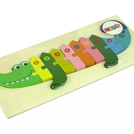 Medinė dėlionė „Krokodilas“ su skaičiais (1–10)
