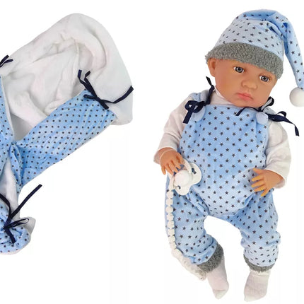 „Sweet Baby“ lėlė 46 cm su mėlynu čiulptuku ir pledu su žvaigždėmis
