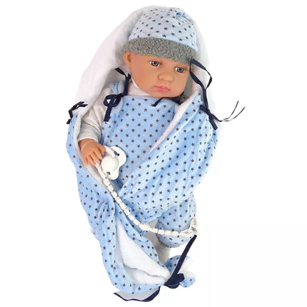 „Sweet Baby“ lėlė 46 cm su mėlynu čiulptuku ir pledu su žvaigždėmis