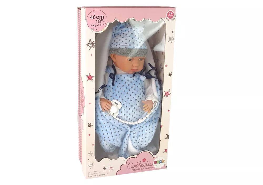 „Sweet Baby“ lėlė 46 cm su mėlynu čiulptuku ir pledu su žvaigždėmis