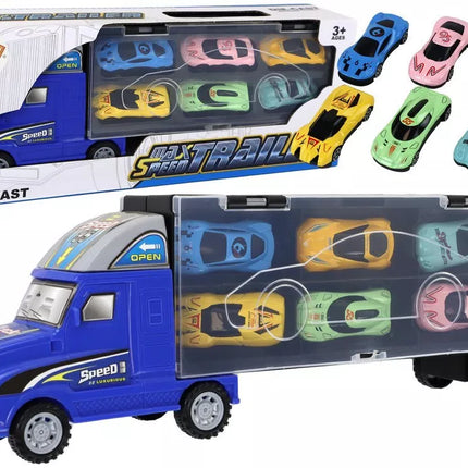 Didelis vilkikas su 6 automobiliais