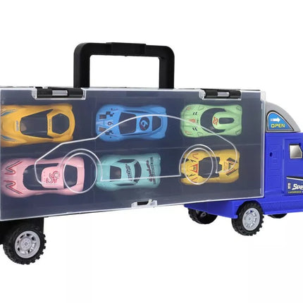 Didelis vilkikas su 6 automobiliais