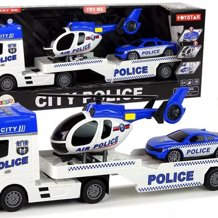 Policijos rinkinys: tralas, automobilis ir sraigtasparnis su šviesomis ir garsais