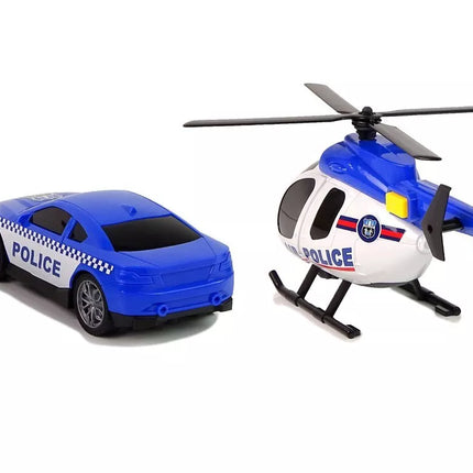 Policijos rinkinys: tralas, automobilis ir sraigtasparnis su šviesomis ir garsais