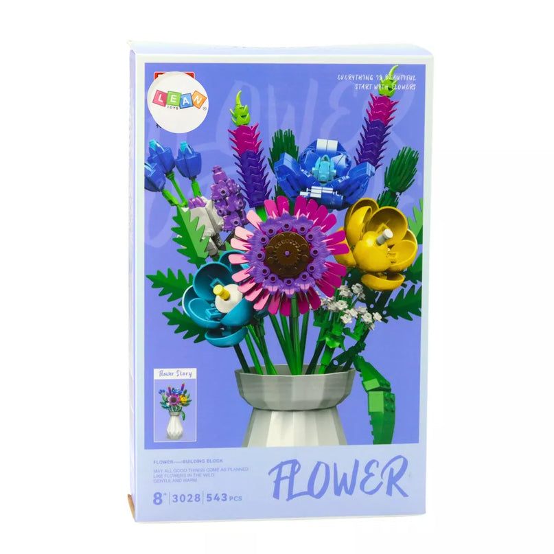 Statybiniai blokeliai gėlių puokštė baltoje vazoje