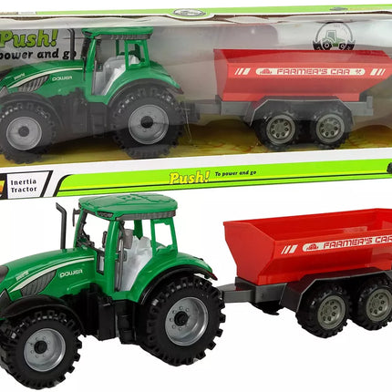 Žalias traktorius su raudona priekaba