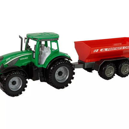Žalias traktorius su raudona priekaba
