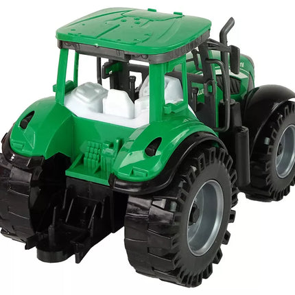 Žalias traktorius su raudona priekaba