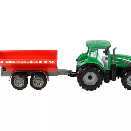 Žalias traktorius su raudona priekaba