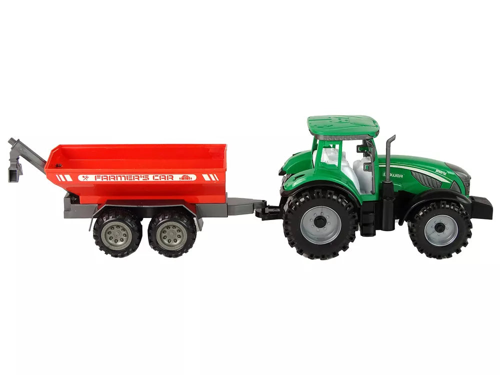 Žalias traktorius su raudona priekaba