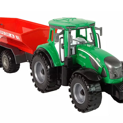 Žalias traktorius su raudona priekaba