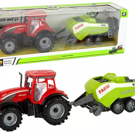 Raudonasis žemės ūkio traktorius su sėjamąja