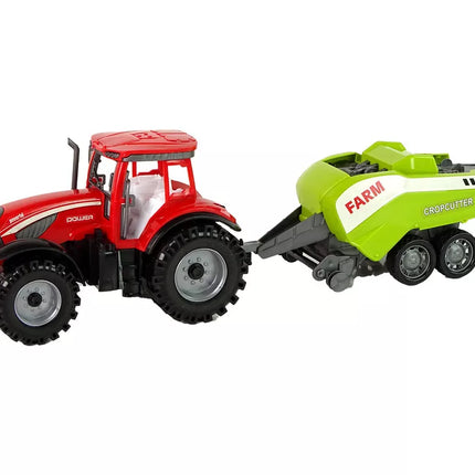 Raudonasis žemės ūkio traktorius su sėjamąja