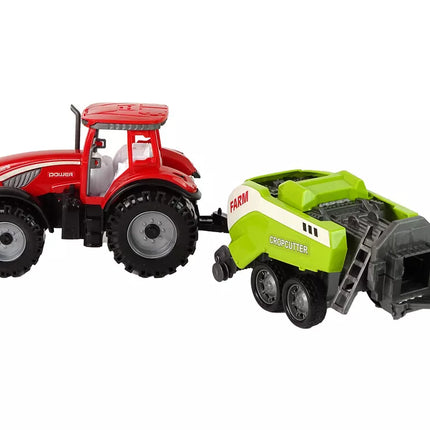 Raudonasis žemės ūkio traktorius su sėjamąja