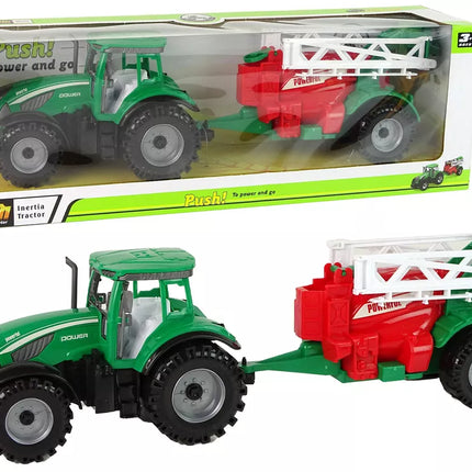 Žalias žemės ūkio traktorius su purkštuvu