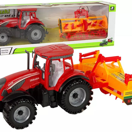 Raudonas traktorius su kultivatoriumi
