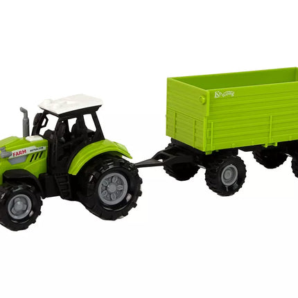 Šviesiai žalias traktorius su priekaba