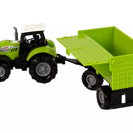 Šviesiai žalias traktorius su priekaba