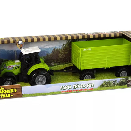 Šviesiai žalias traktorius su priekaba