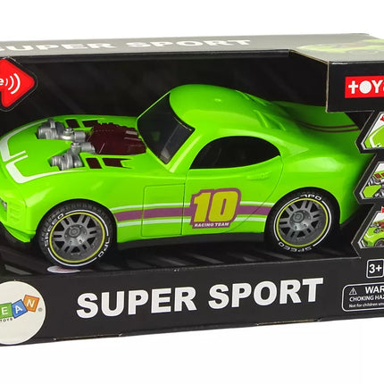 Žalias sportinis automobilis su šviesomis ir garsais