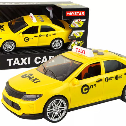 Geltonas taksi automobilis su šviesomis ir garsais