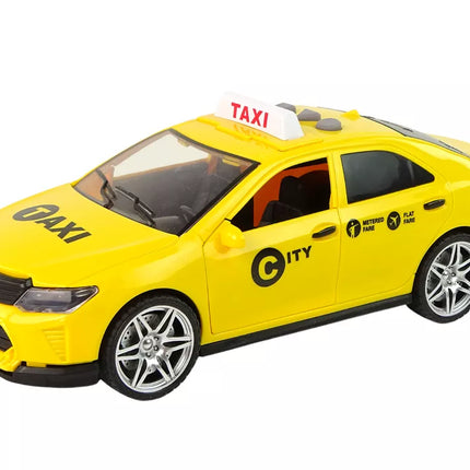 Geltonas taksi automobilis su šviesomis ir garsais