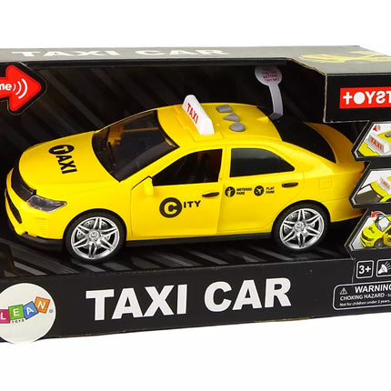 Geltonas taksi automobilis su šviesomis ir garsais
