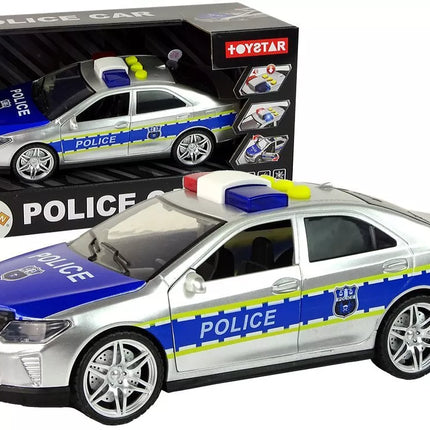 Sidabrinis policijos automobilis su šviesomis ir garsais