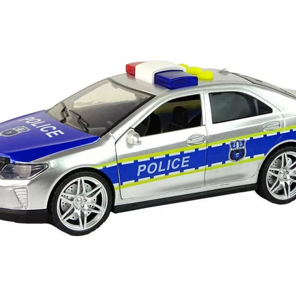 Sidabrinis policijos automobilis su šviesomis ir garsais