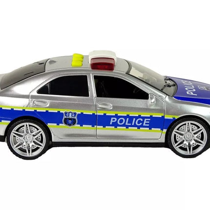 Sidabrinis policijos automobilis su šviesomis ir garsais