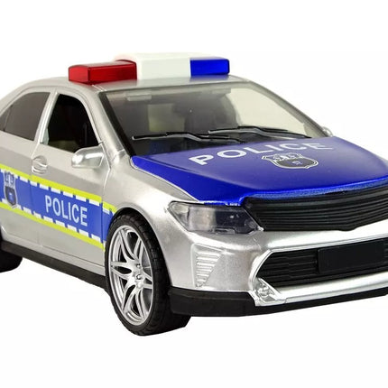 Sidabrinis policijos automobilis su šviesomis ir garsais