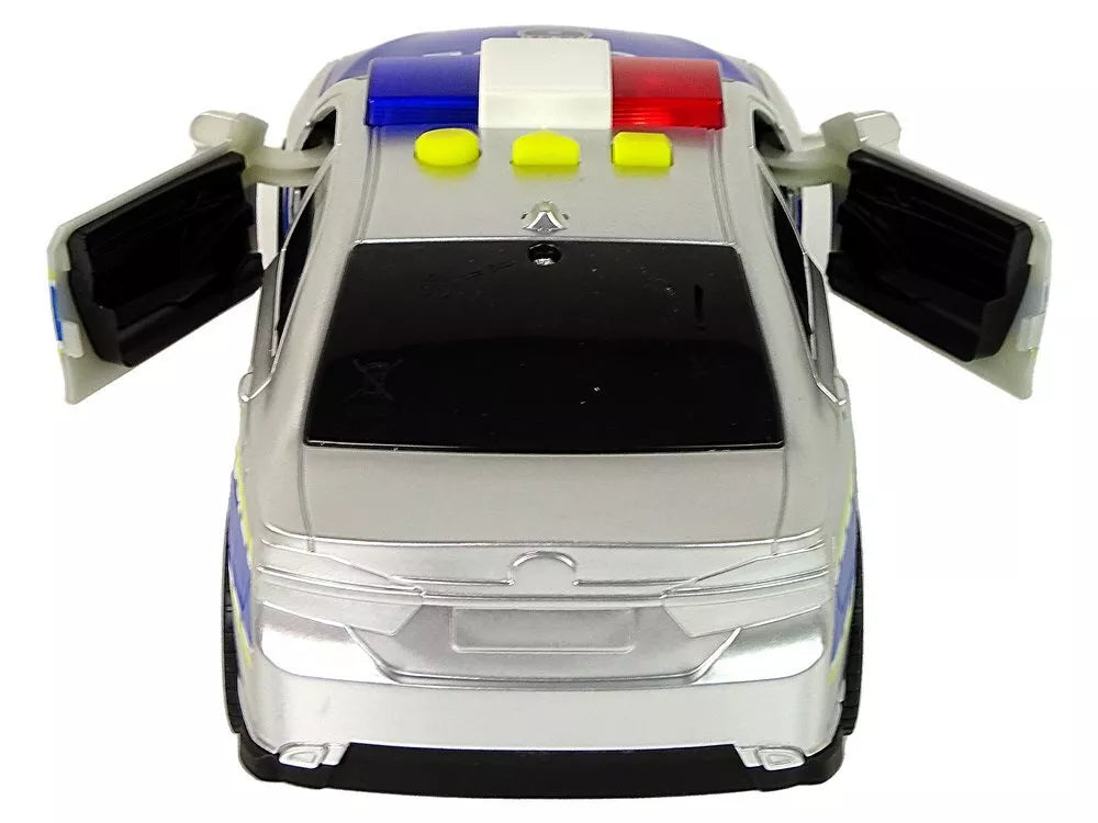 Sidabrinis policijos automobilis su šviesomis ir garsais