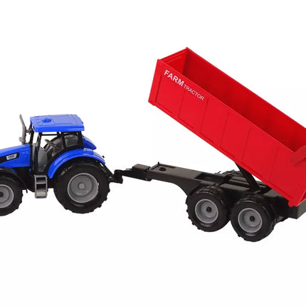 Mėlynas traktorius su raudona priekaba