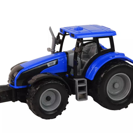 Mėlynas traktorius su raudona priekaba