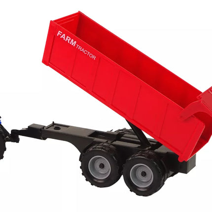 Mėlynas traktorius su raudona priekaba