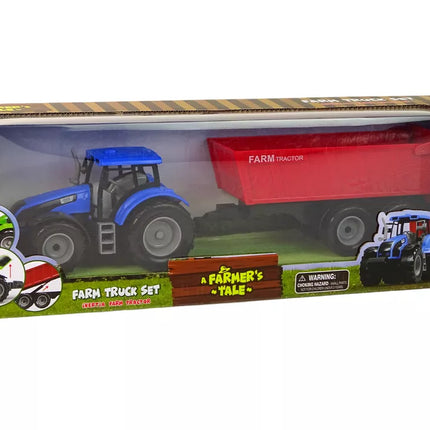 Mėlynas traktorius su raudona priekaba