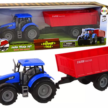 Mėlynas traktorius su raudona priekaba