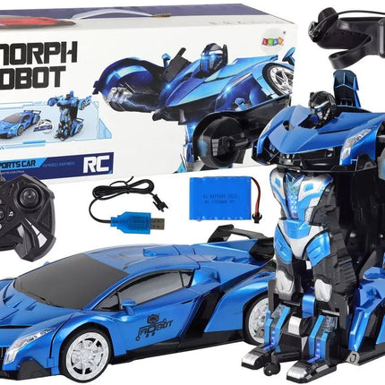 Nuotoliniu būdu valdomas transformuojamas automobilis-robotas 1:10, mėlynas, valdymas gestais