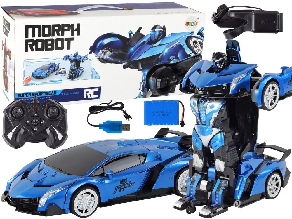 Nuotoliniu būdu valdomas transformuojamas automobilis-robotas 1:10, mėlynas, valdymas gestais