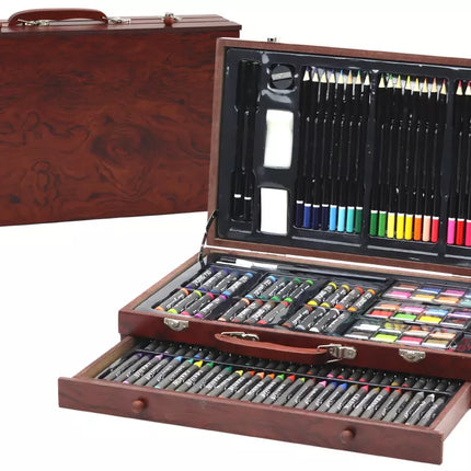 Meninis rinkinys mediniame lagamine – kreidelės, pastelės, dažai, 123 vnt.