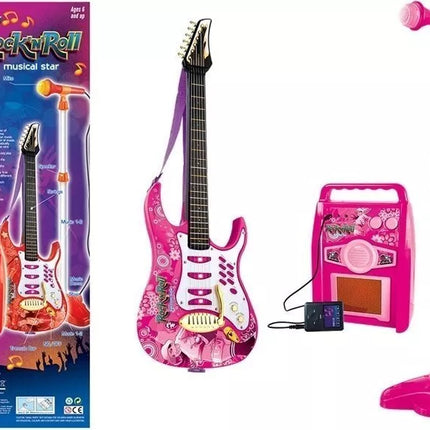 Rožinė elektrinė gitara su mikrofonu ir stiprintuvu – mažajai žvaigždei