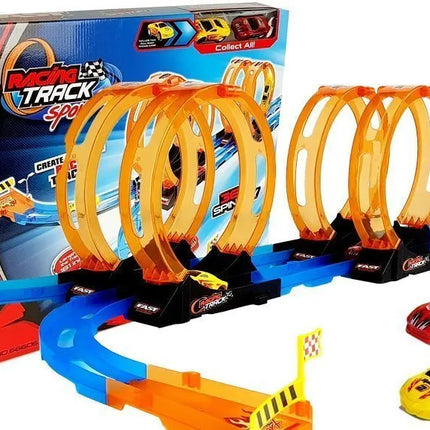 181 cm lenktynių trasa su 4 kilpomis ir 2 pull‑back automobiliais, 3+