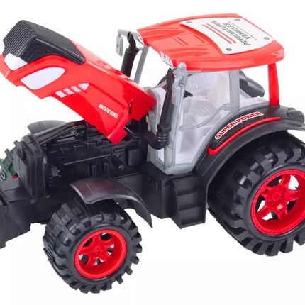 Didelis raudonas žemės ūkio traktorius su priekaba