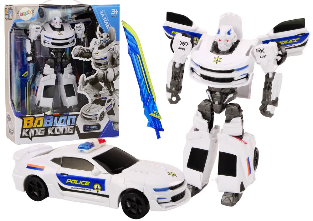 Policijos automobilis robotas 2in1 baltas
