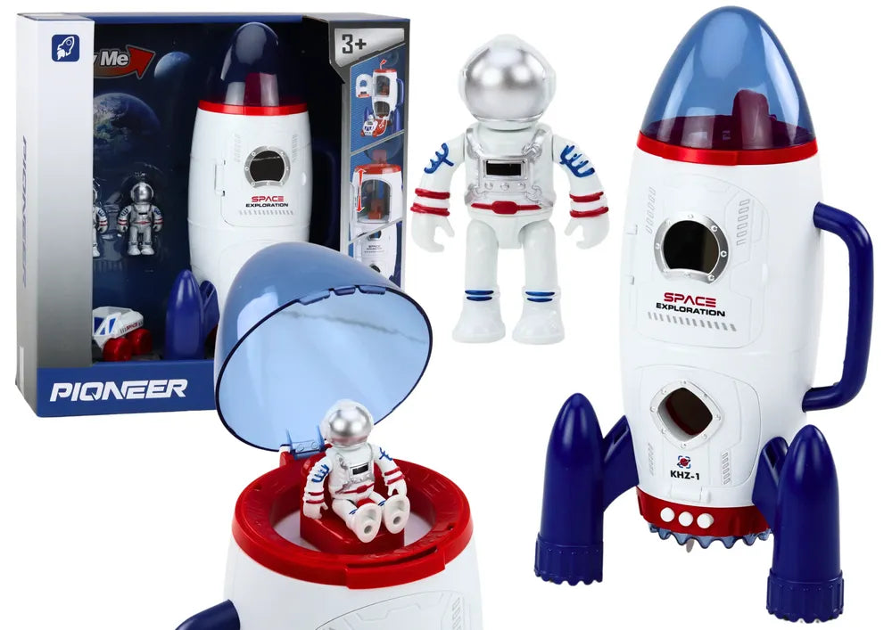 Kosminė raketa su atidaroma kapsule, kosmonautais, šviesomis ir garsais
